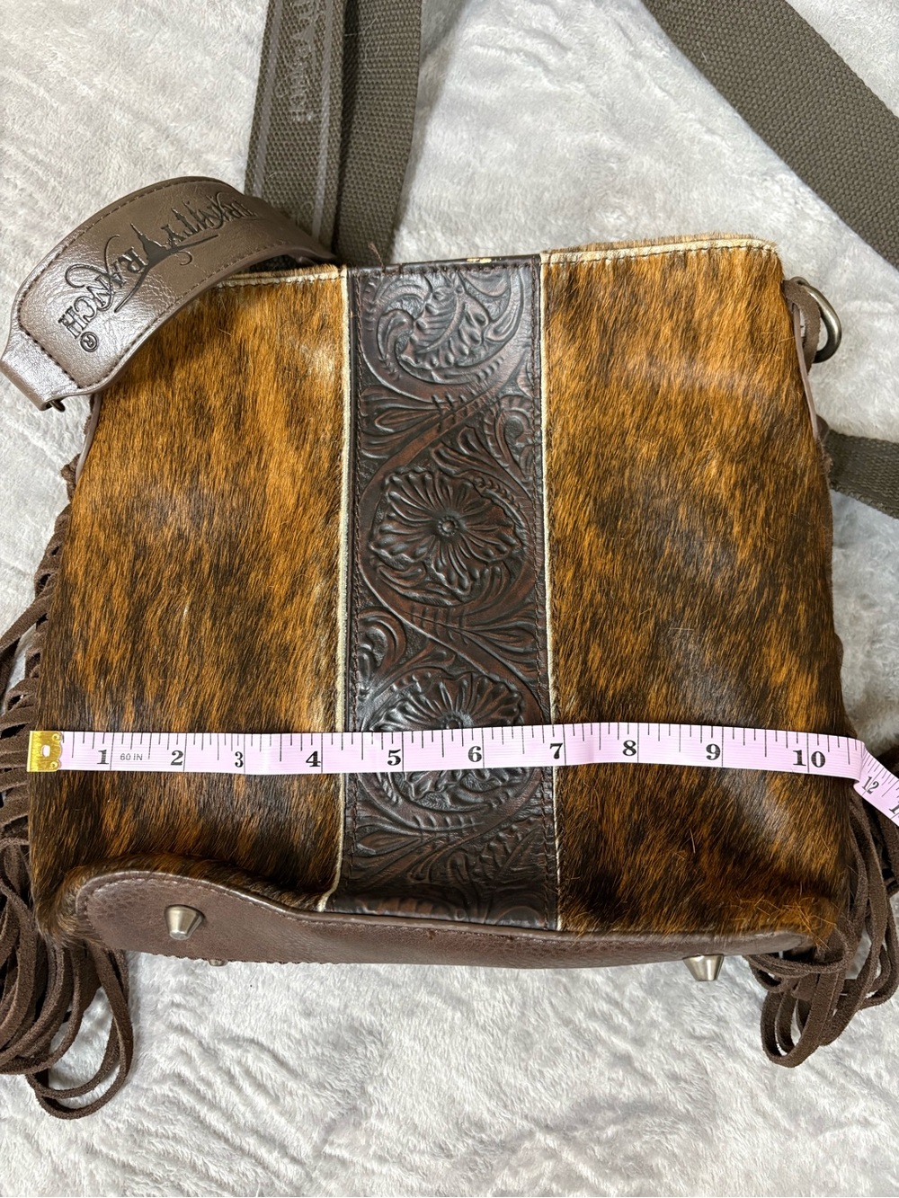 Brown Haircalf Crossbody with Tooled Leather with Conceal Weapon Pocket - Picture 2 of 7
